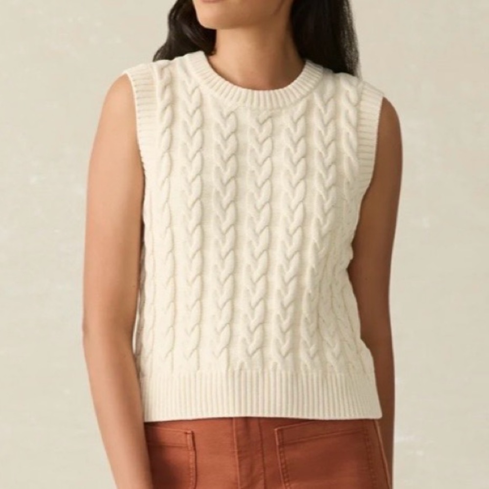 Faherty Sunwashed Sweater Vest Women’s Size L  White Shell Cable Stitch Cotton